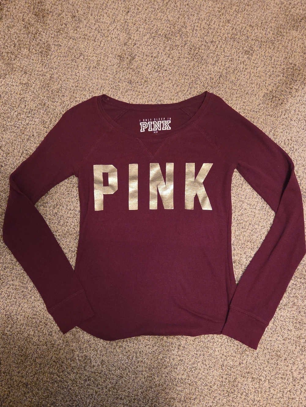 PINK Long Sleeve Victoria's Secret Burgundy Top with White Logo Warm Sleepwear